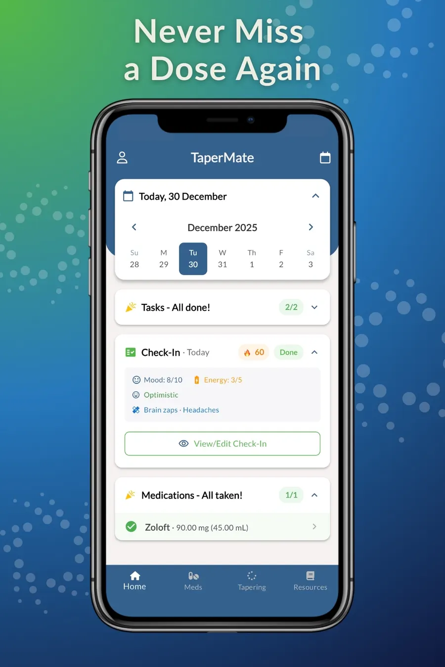 TaperMate app home screen